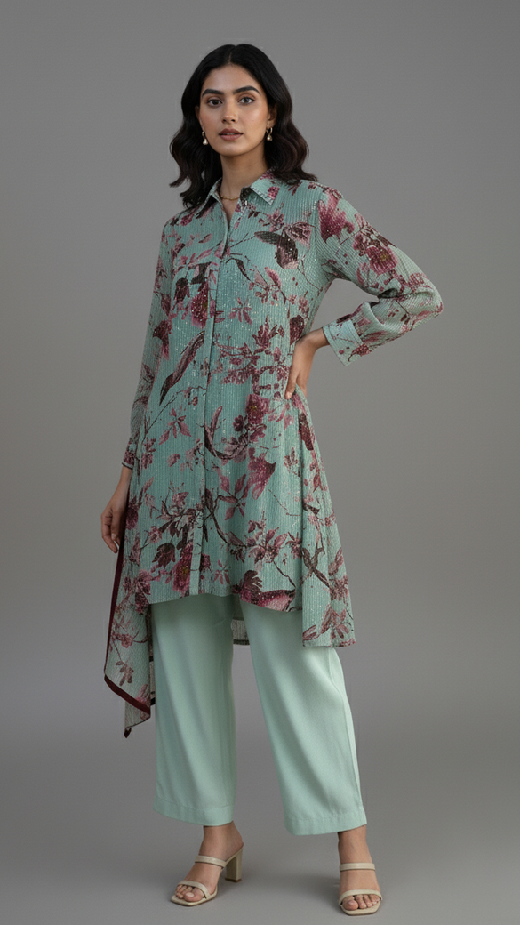 Pastel-Green Co-Ord Set With Floral Design