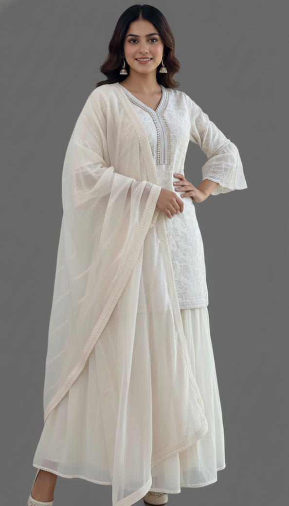 Half-White Colour Embroidery Sharara Dress