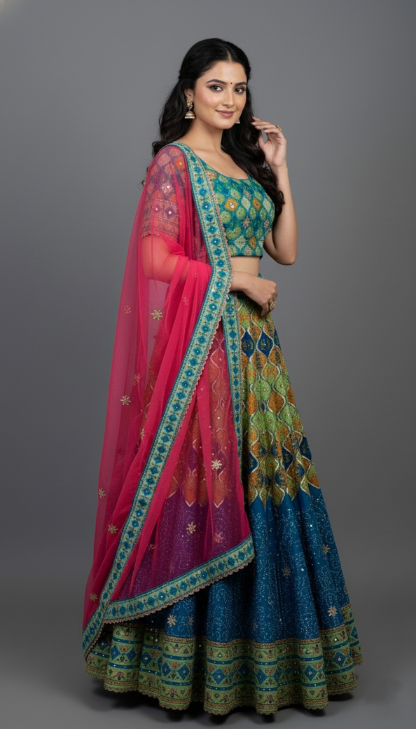 Multi-Colour Floral Lehenga Set With Hand Embroidery