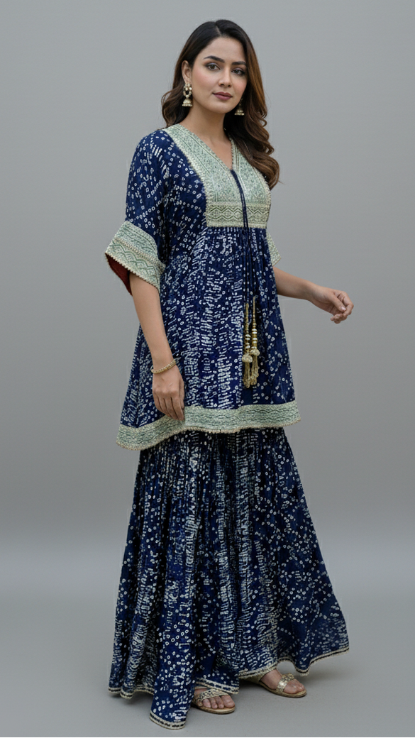 Silk Georgette Embroidered Gharara Set Navy-Blue In Colour