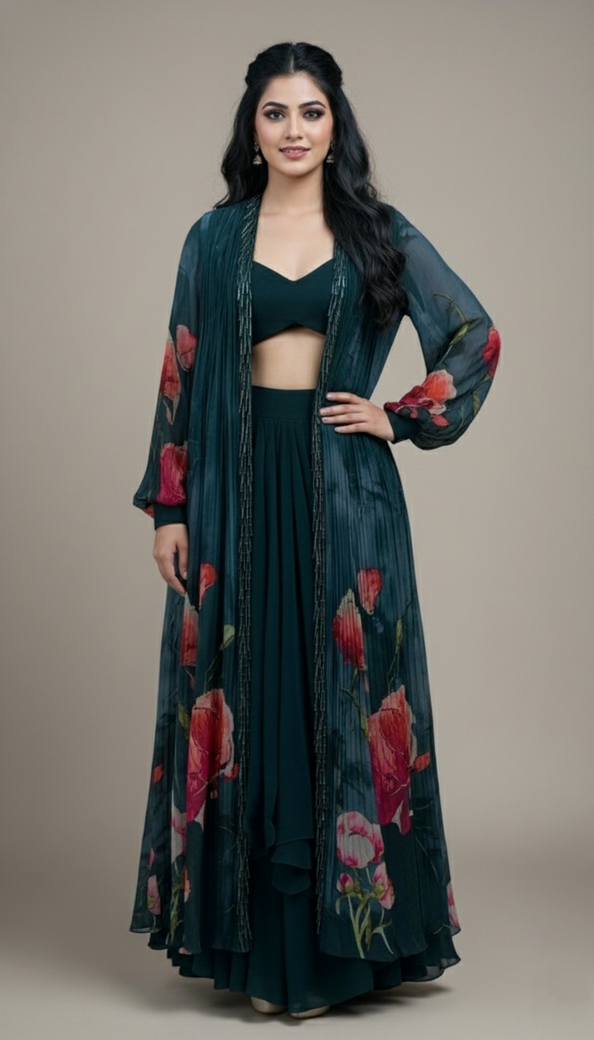 Dark-Green Georgette Lehenga & Jacket Set