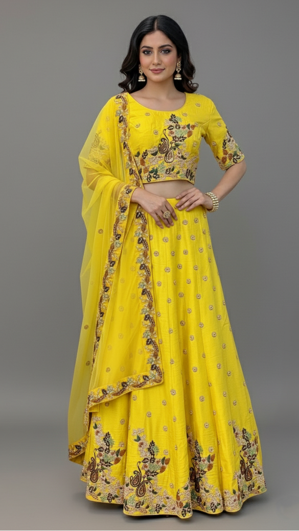 Raw-Silk Lehenga In Yellow In Colour