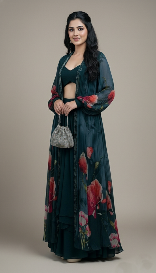 Dark-Green Georgette Lehenga & Jacket Set