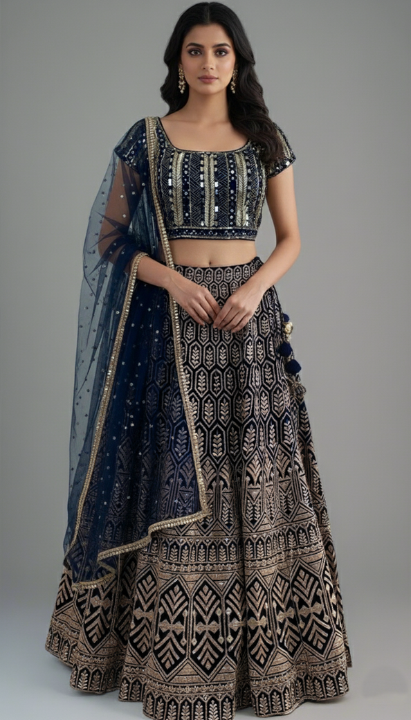 Navy-Blue Lehenga Set With Hand Embroidery
