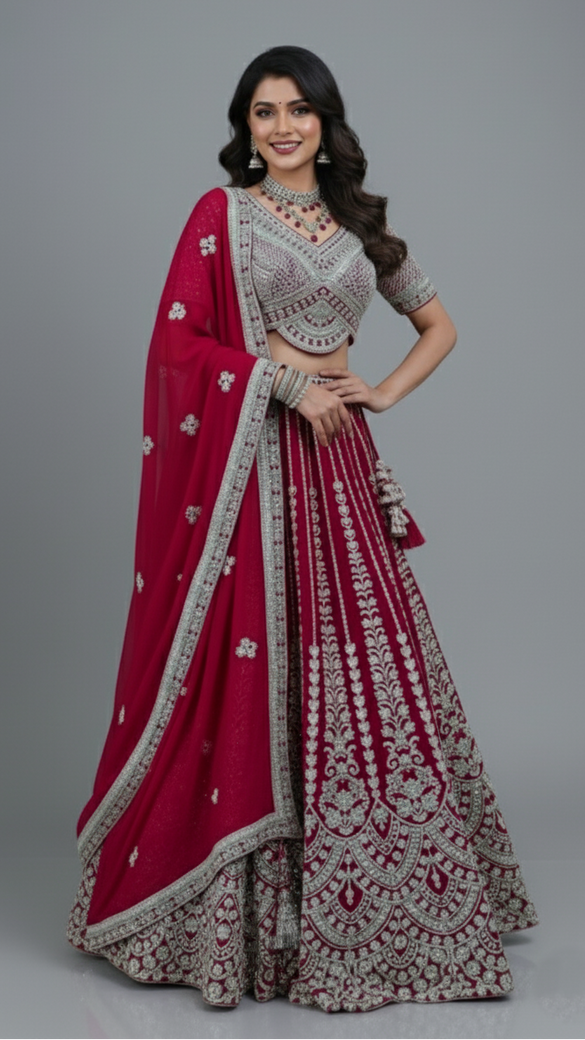 Georgette Lehenga Dark-Pink In Colour