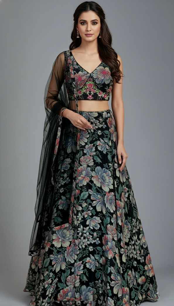 Black Floral Lehenga