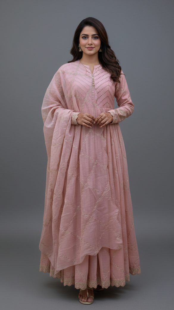 Light-Peach Floral Embroidered Anarkali Dress