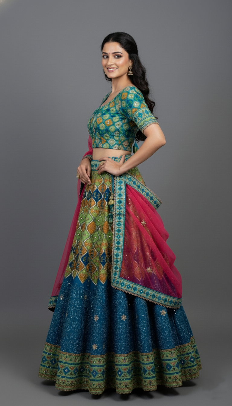 Multi-Colour Floral Lehenga Set With Hand Embroidery