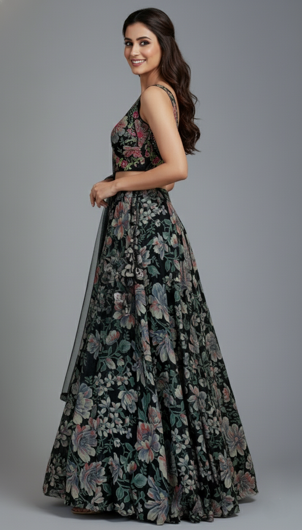Black Floral Lehenga