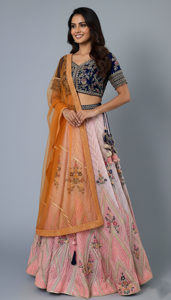 Peach Floral Lehenga Set With Hand Embroidery