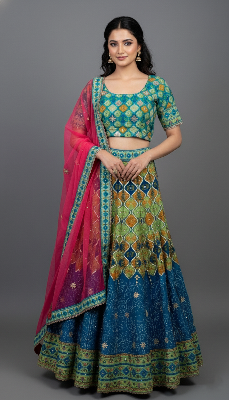 Multi-Colour Floral Lehenga Set With Hand Embroidery