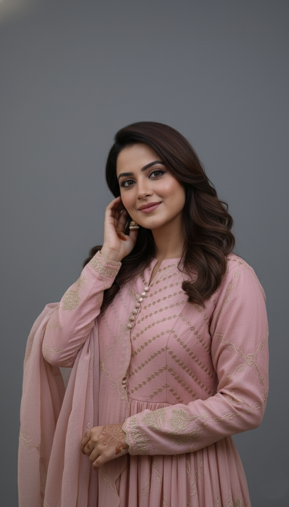 Light-Peach Floral Embroidered Anarkali Dress