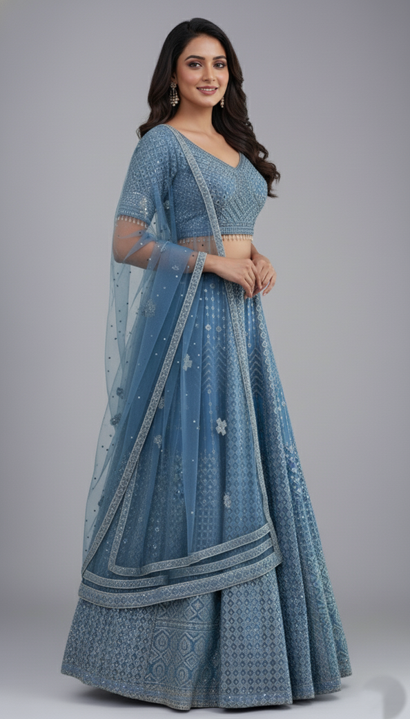 Georgette Lehenga Light-Blue In Colour