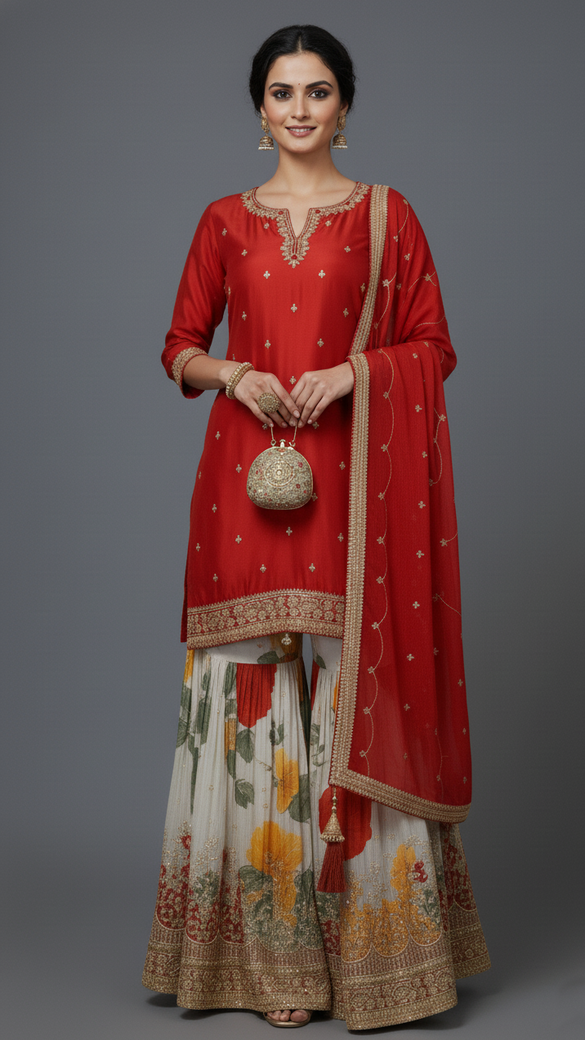 Orange Satin Silk Slit Neckline Sharara Suit