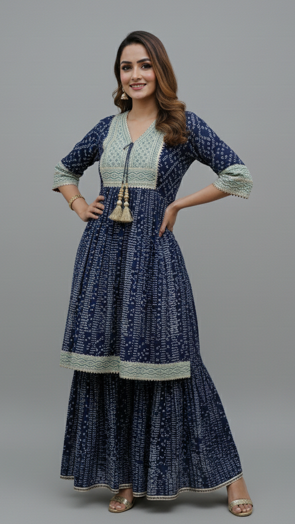 Silk Georgette Embroidered Gharara Set Navy-Blue In Colour