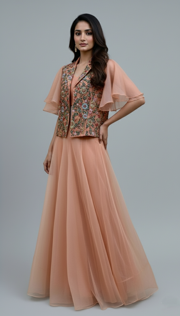 Organza Lehenga Peach In Colour
