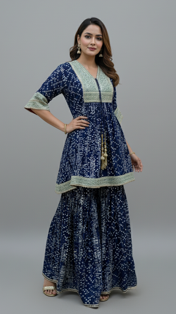 Silk Georgette Embroidered Gharara Set Navy-Blue In Colour