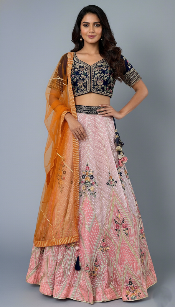 Peach Floral Lehenga Set With Hand Embroidery