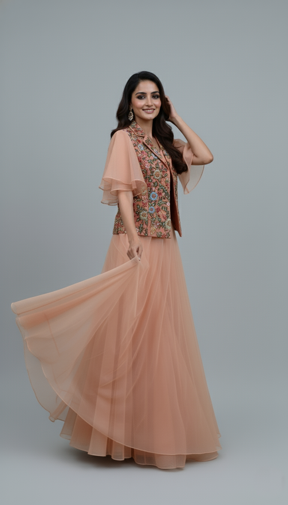 Organza Lehenga Peach In Colour