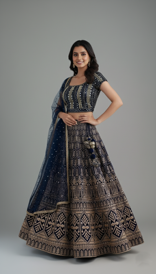 Navy-Blue Lehenga Set With Hand Embroidery