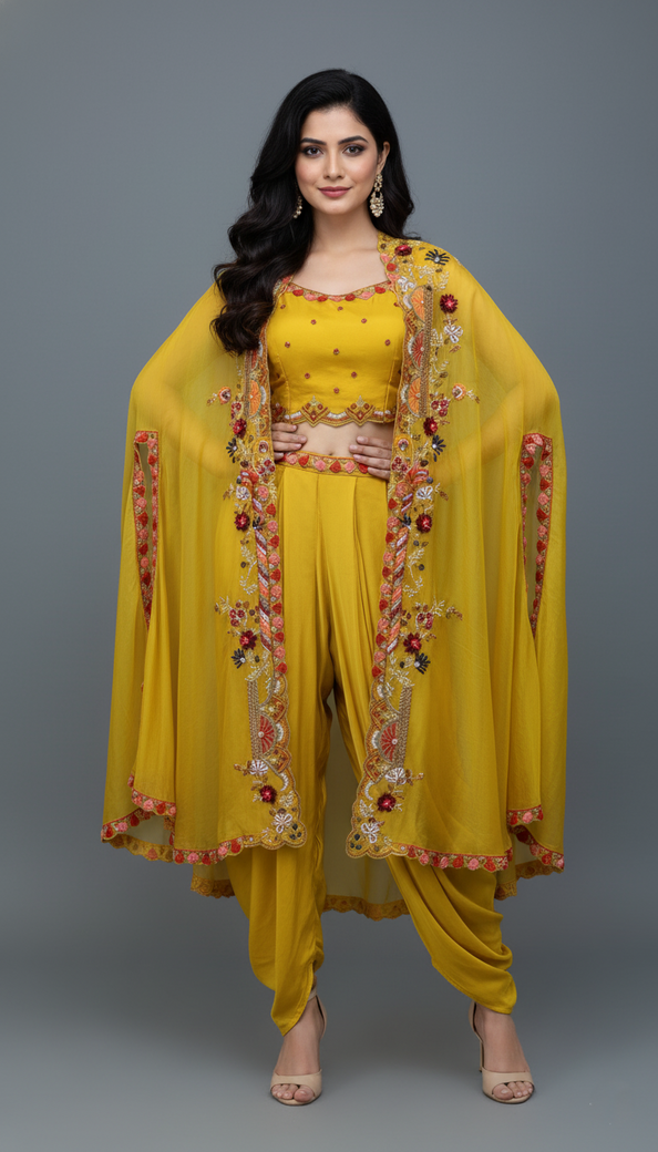 Yellow Crop Top With Crepe Dhoti Salwar