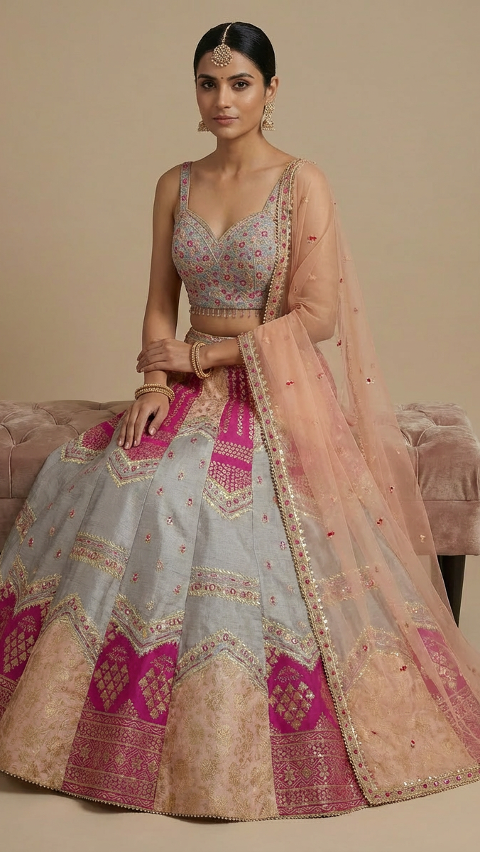 Grey & Magenta Paneled Raw Silk Lehenga Set
