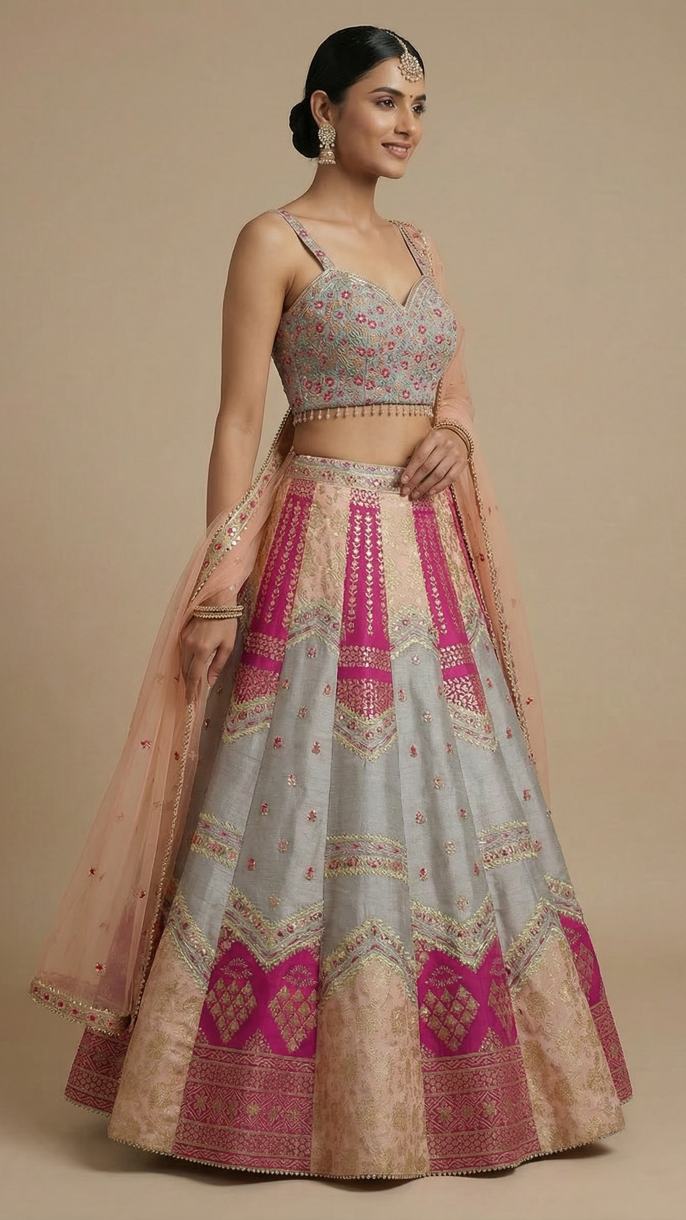 Grey & Magenta Paneled Raw Silk Lehenga Set
