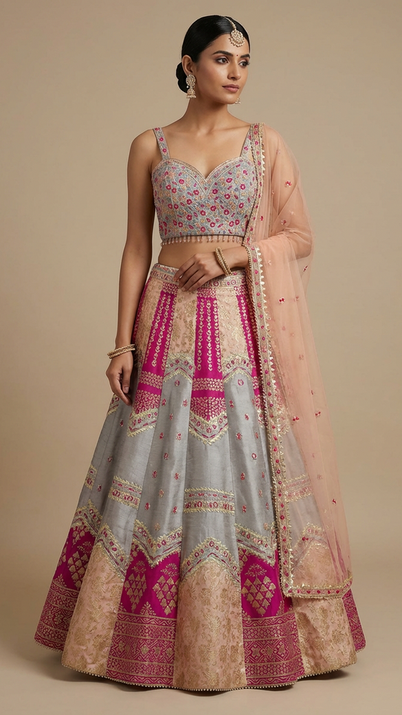 Grey & Magenta Paneled Raw Silk Lehenga Set
