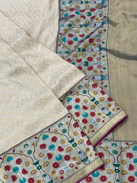 Fusion Mashru Silk With Banarasi Saree Half-White In Color