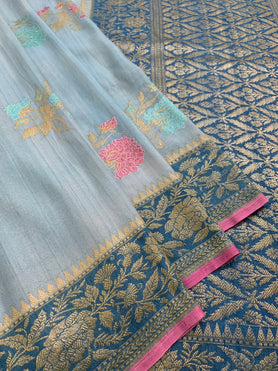 Tussore Georgette Saree Powder-Blue In Colour