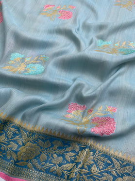 Tussore Georgette Saree Powder-Blue In Colour