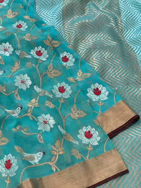 Zari Kota Saree Turquoise-Blue In Colour