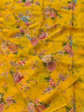 Chiffon Floral Print Saree Yellow In Colour