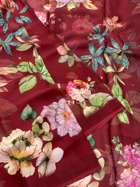 Chiffon Floral Print Saree Maroon In Colour