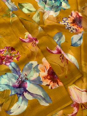 Chiffon Floral Print Saree Mustard In Colour