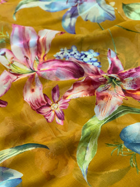 Chiffon Floral Print Saree Mustard In Colour