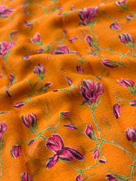 Chiffon Floral Print Saree Orange In Colour