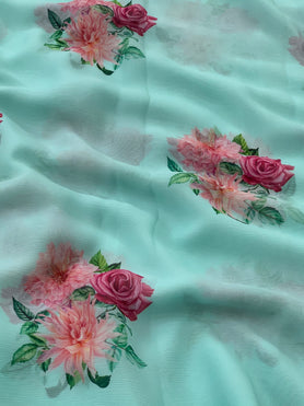 Chiffon Floral Print Saree Sea-Green In Colour