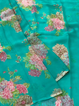 Chiffon Floral Print Saree Turquoise-Green In Colour