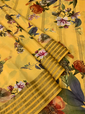 Crepe Floral Print Saree Yellow In Colour