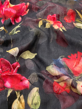 Cotton Kota Floral Print Saree Black In Colour