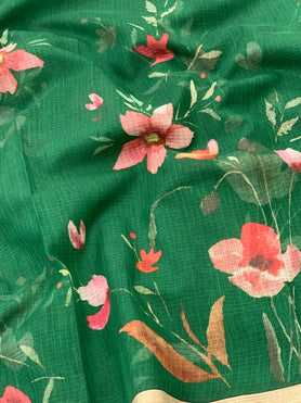 Cotton Kota Floral Print Saree Bottle-Green In Colour