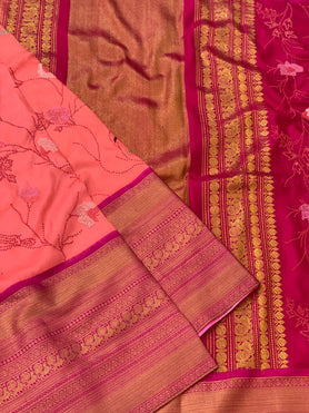 Twill Kanjeevaram Petite-Point Silk Saree Peachish-Pink In Colour