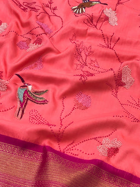 Kanjeevaram Petite-Point Twill Silk Saree Peachish-Pink In Colour