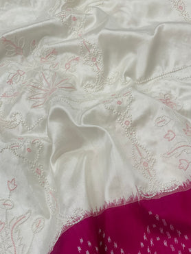 Ikat Petite-Point Silk Saree White In Colour