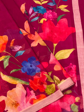 Cotton Kota Floral Print Saree Magenta-Pink In Colour