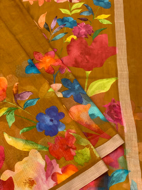 Cotton Kota Floral Print Saree Dark-Mustard In Colour