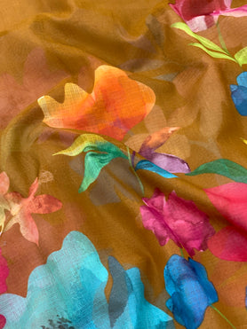 Cotton Kota Floral Print Saree Dark-Mustard In Colour