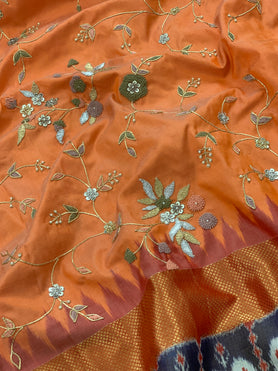 Ikat Silk Saree Orange In Color