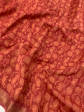 Cotton Prints Saree Brick-Red In Colour